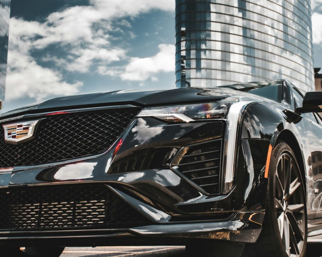 the front of a black car