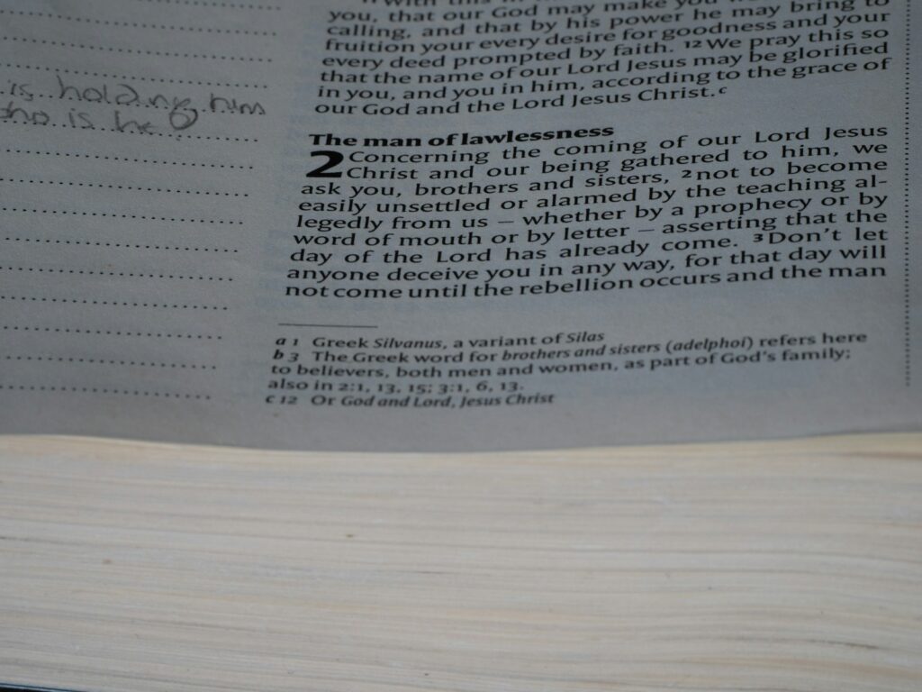 Bible passage discussing the man of lawlessness.