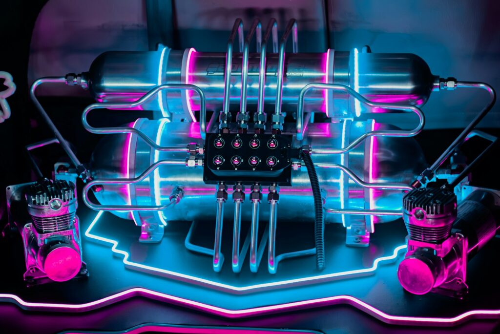 a neon display of electronic equipment on a table