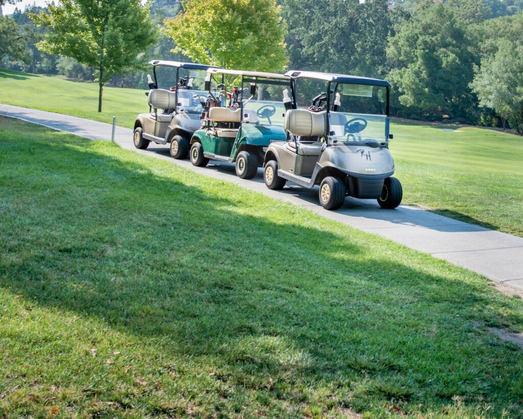 white and black golf cart on green grass field during daytime