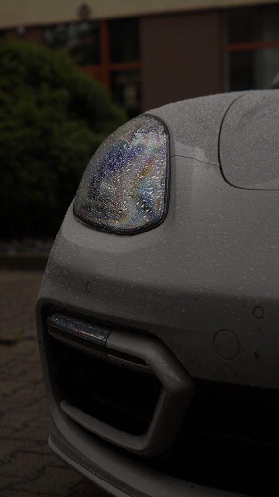 A close up of the front of a sports car