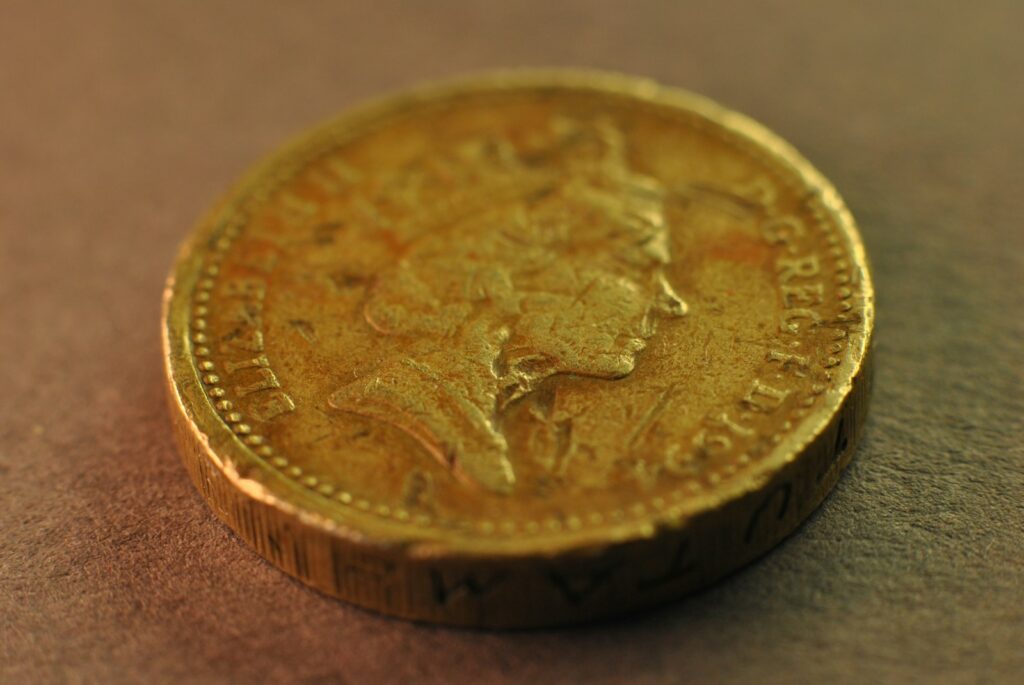 A close up of a coin on a table