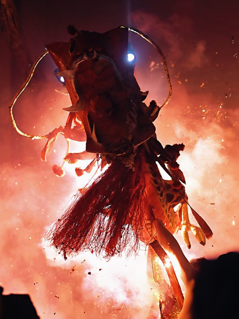 A fiery dragon puppet dances in the flames.