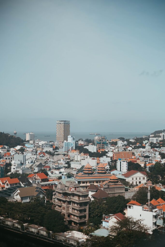 a view of a city with tall buildings