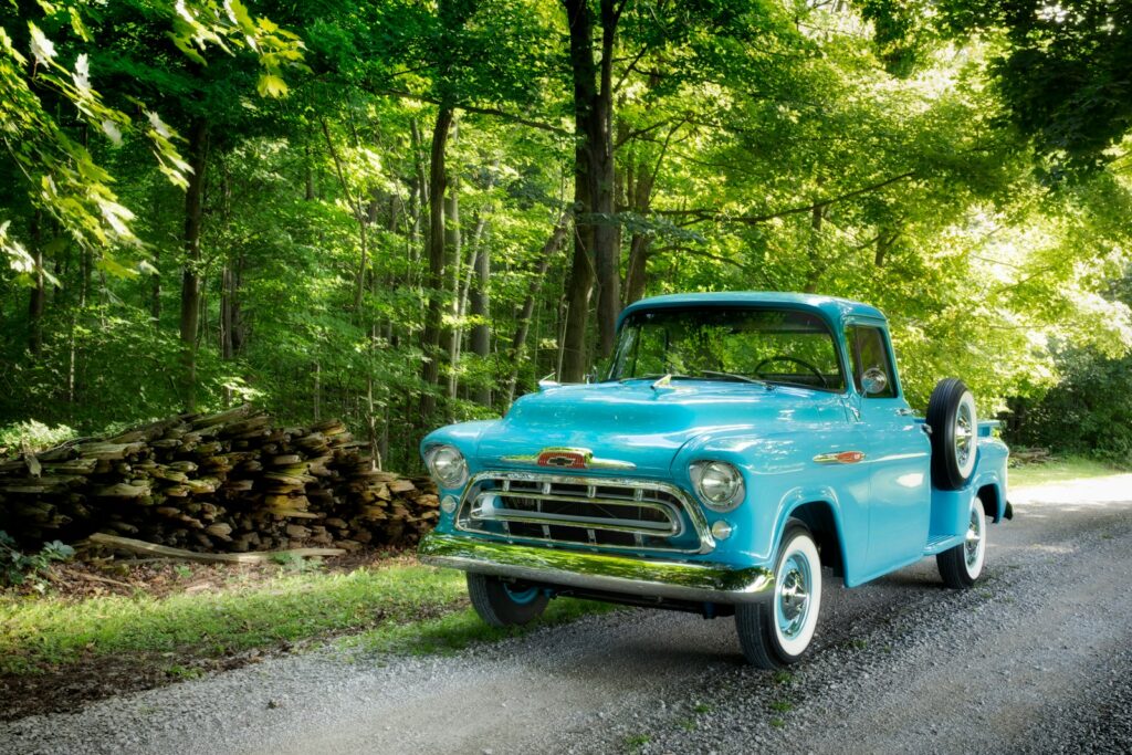 classic blue single cab pickup truck parked beside trees