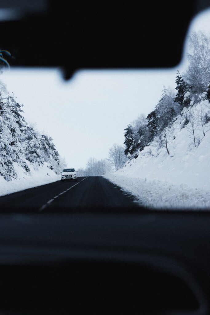 car on road between snow covered trees during daytime