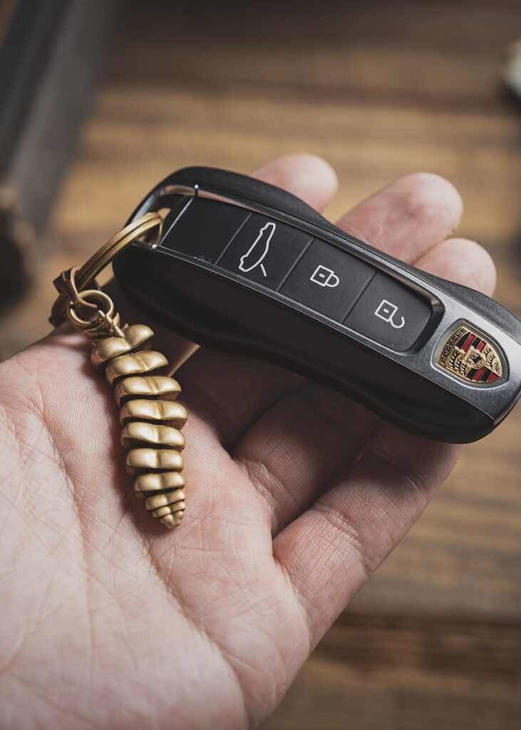 a person holding a car key in their hand