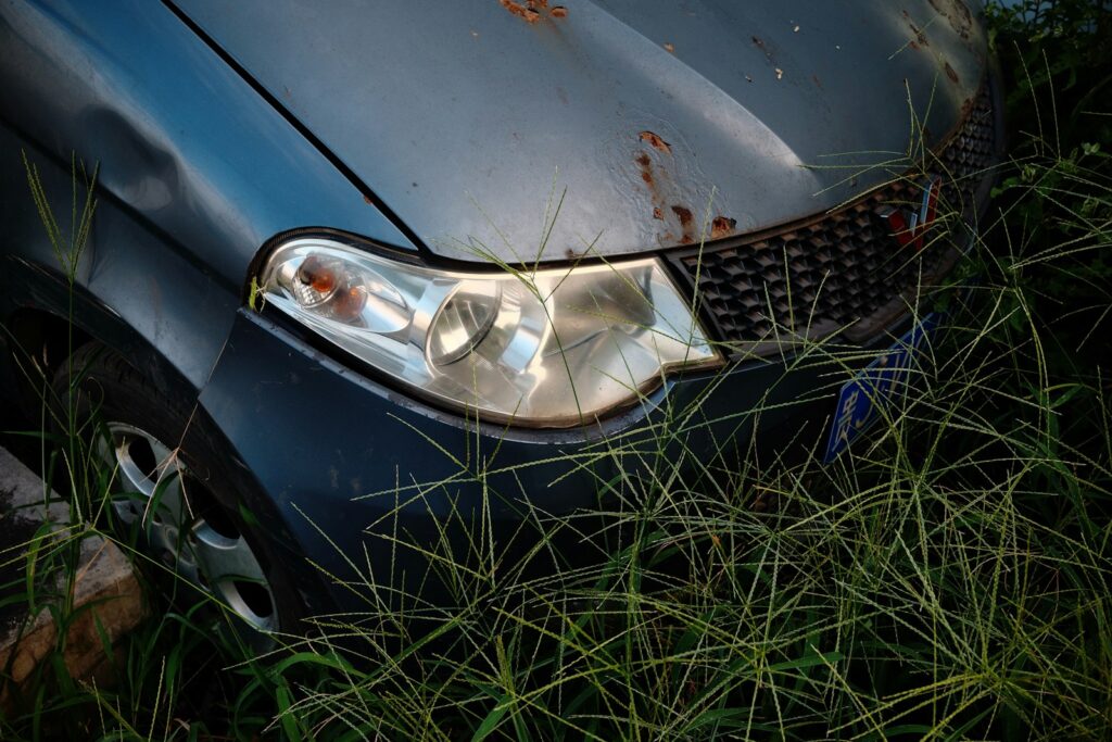 Damaged car headlight overgrown with grass