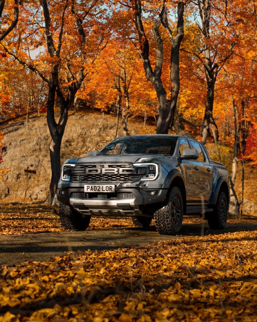 a truck is parked on a leaf covered road