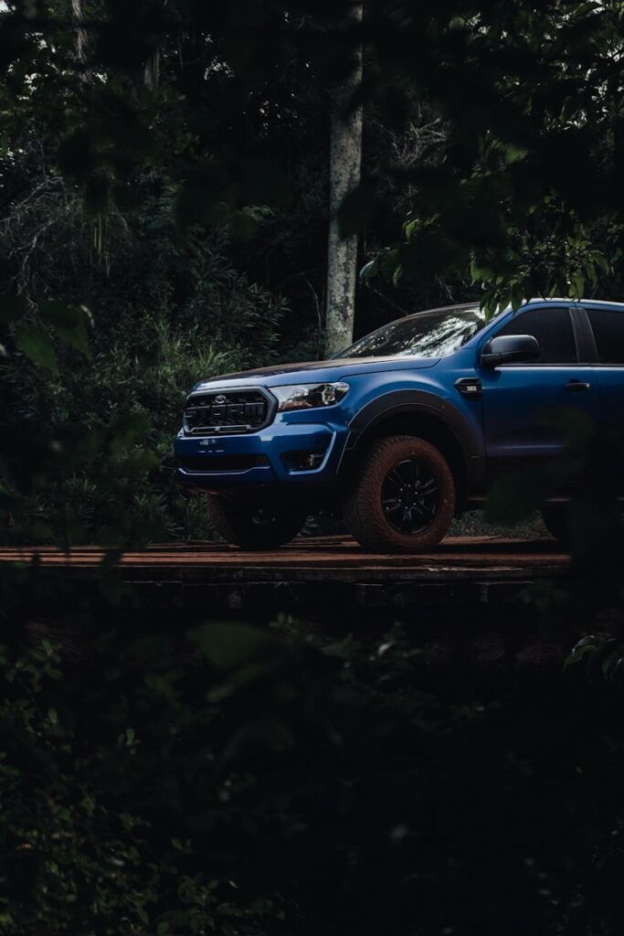 a blue pick up truck parked in the woods