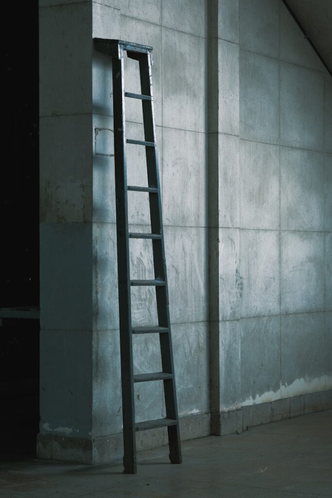 A tall ladder leans against a concrete wall.